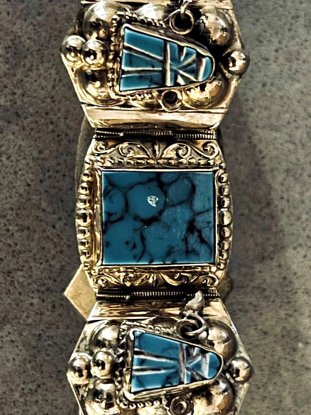 Turquoise Panel Statement Bracelet with Filagree Gold Detail